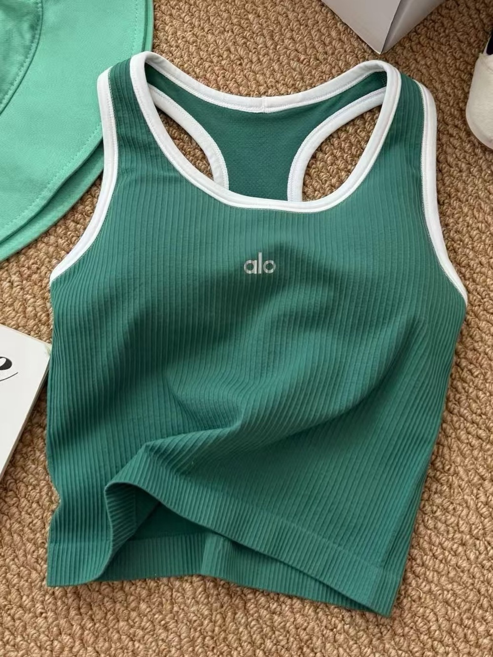 ALO Yoga Green Ribbed Racerback Tank with White Trim